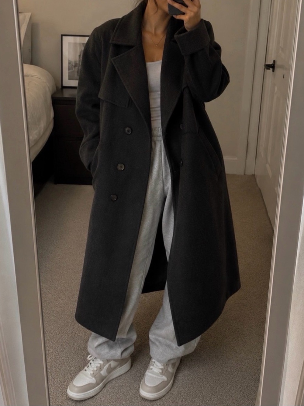 Black Long Wool Blend Double Breasted Button Open Front Maxi Fall Winter Coat M